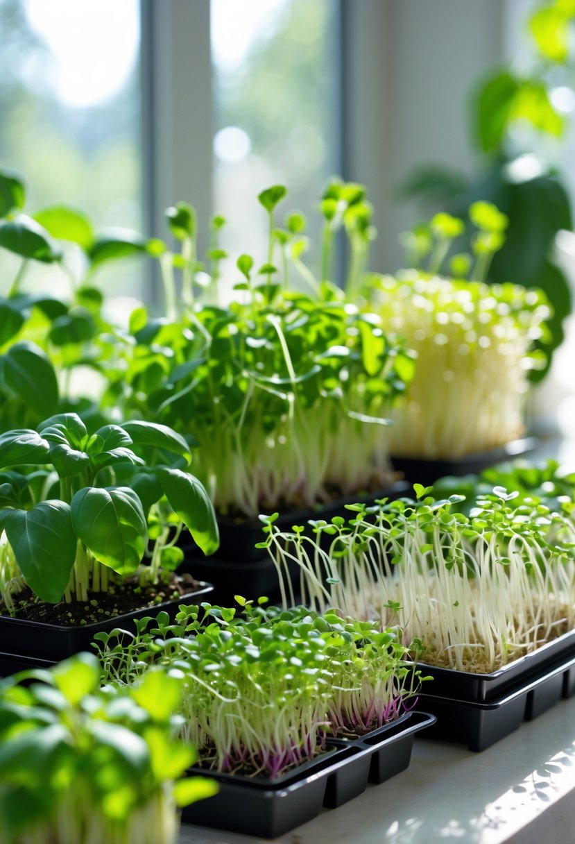 Various healthy microgreens growing in small containers on a sunlit indoor windowsill.