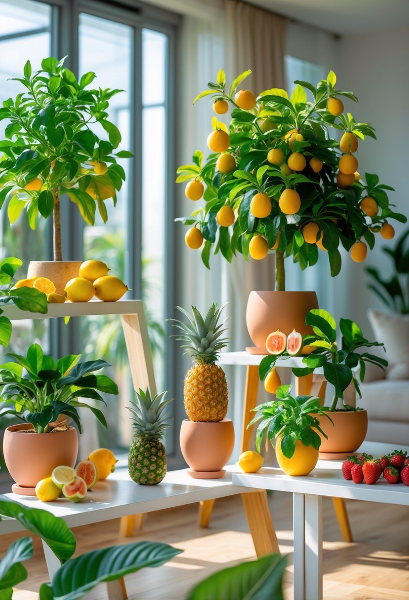 An indoor space with various fruit plants including lemon, fig, pineapple, strawberry, and banana plants arranged near windows with sunlight.