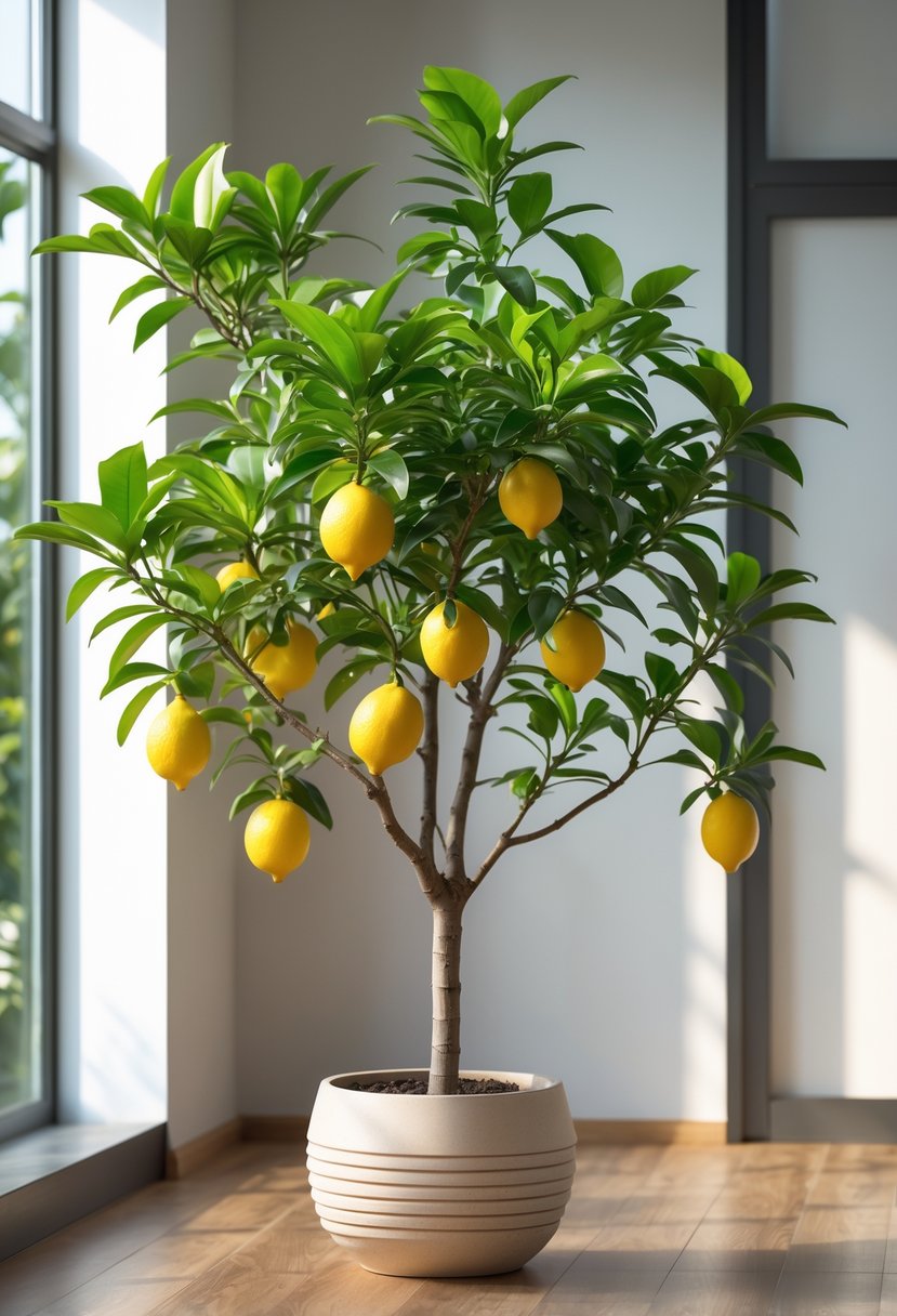 A healthy Meyer lemon tree with green leaves and yellow lemons in a ceramic pot indoors near a window.