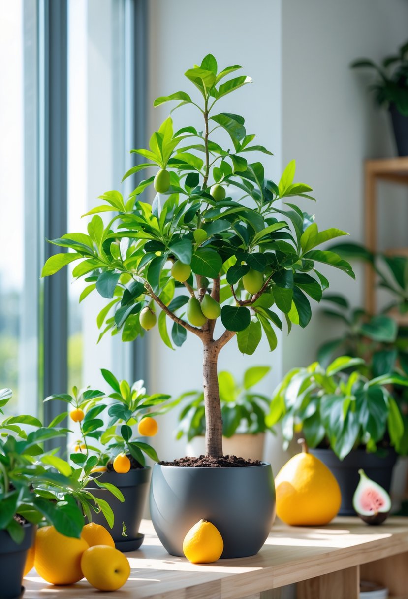 A dwarf avocado tree with green leaves and small fruits indoors, surrounded by other indoor fruit plants on a wooden shelf near a window.