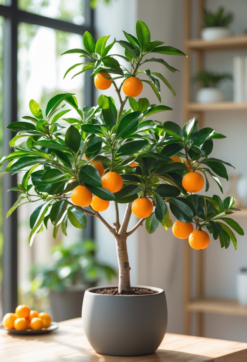 A healthy Calamondin orange tree with green leaves and small orange fruits in a pot near a window indoors.