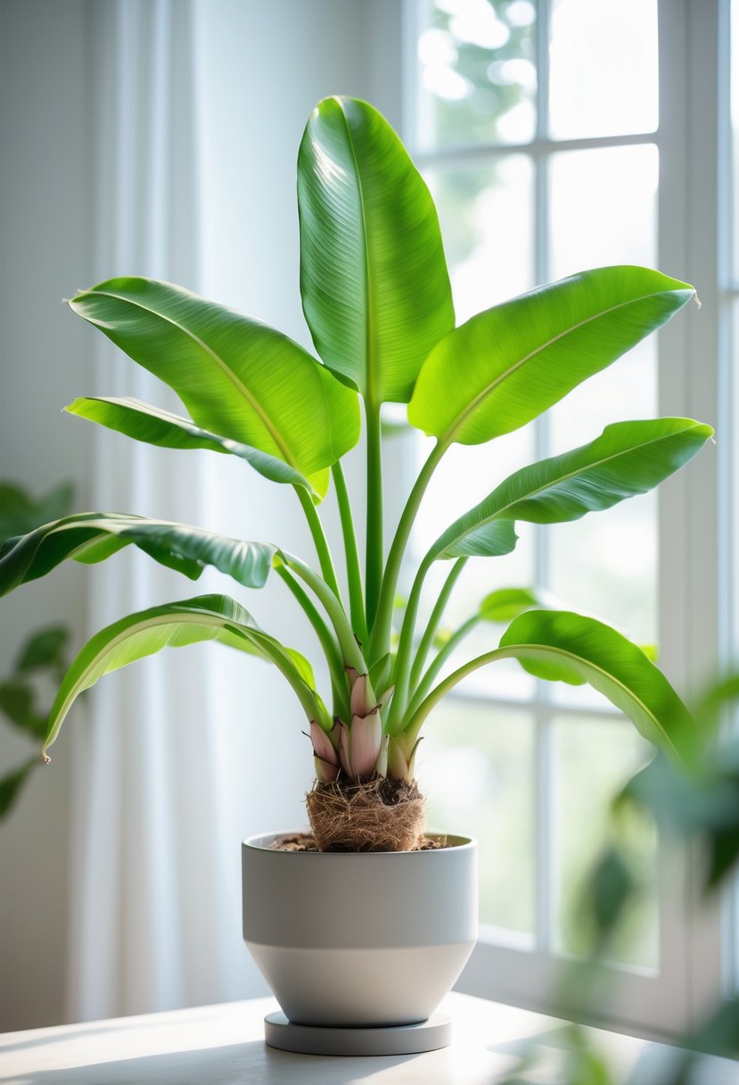 A dwarf banana plant with large green leaves in a pot placed indoors near a window.