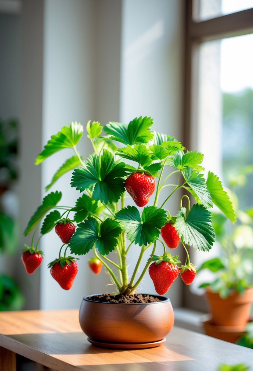 An indoor strawberry plant with green leaves and ripe red strawberries on a wooden table near a bright window.