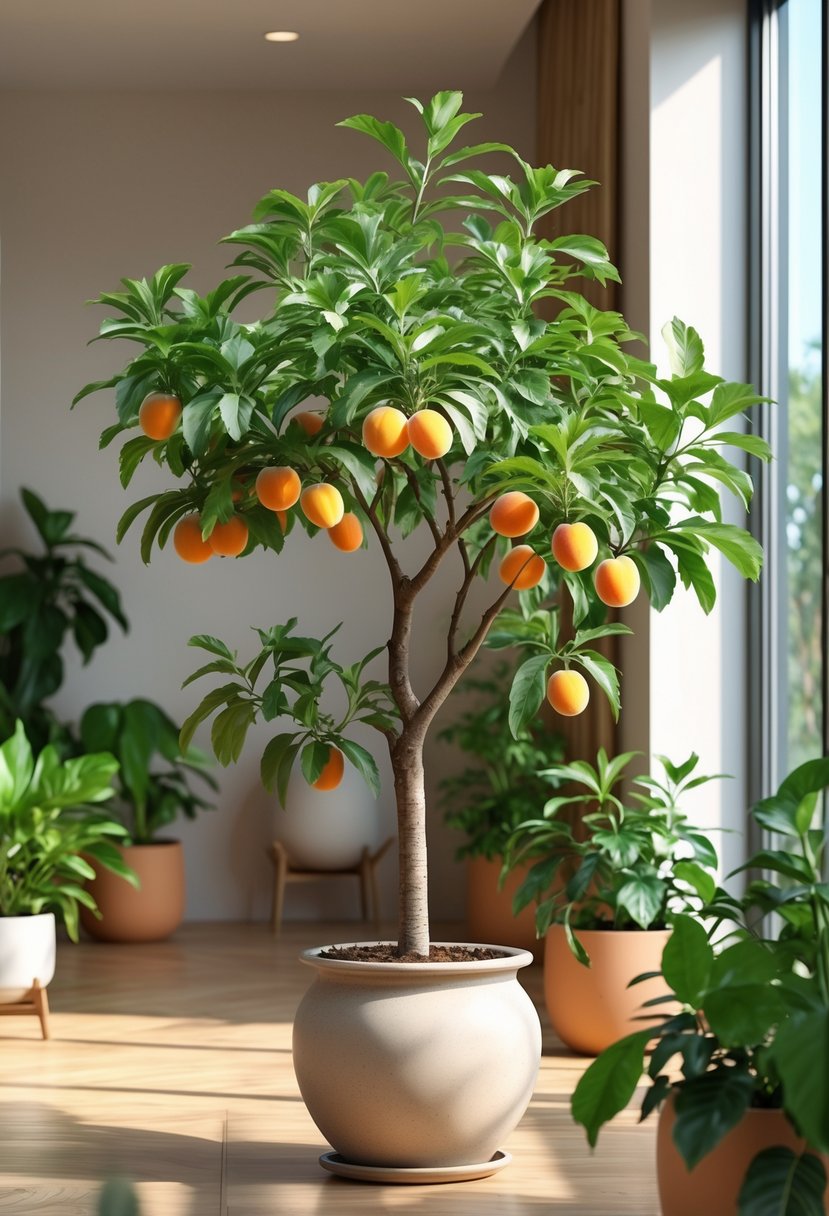 An indoor apricot tree with ripe fruit in a pot near a window surrounded by other indoor fruit plants.