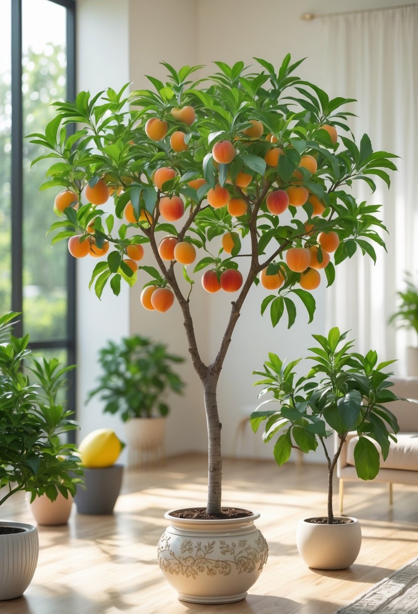 An indoor nectarine tree with ripe fruit surrounded by other indoor fruit plants in decorative pots inside a bright living room.