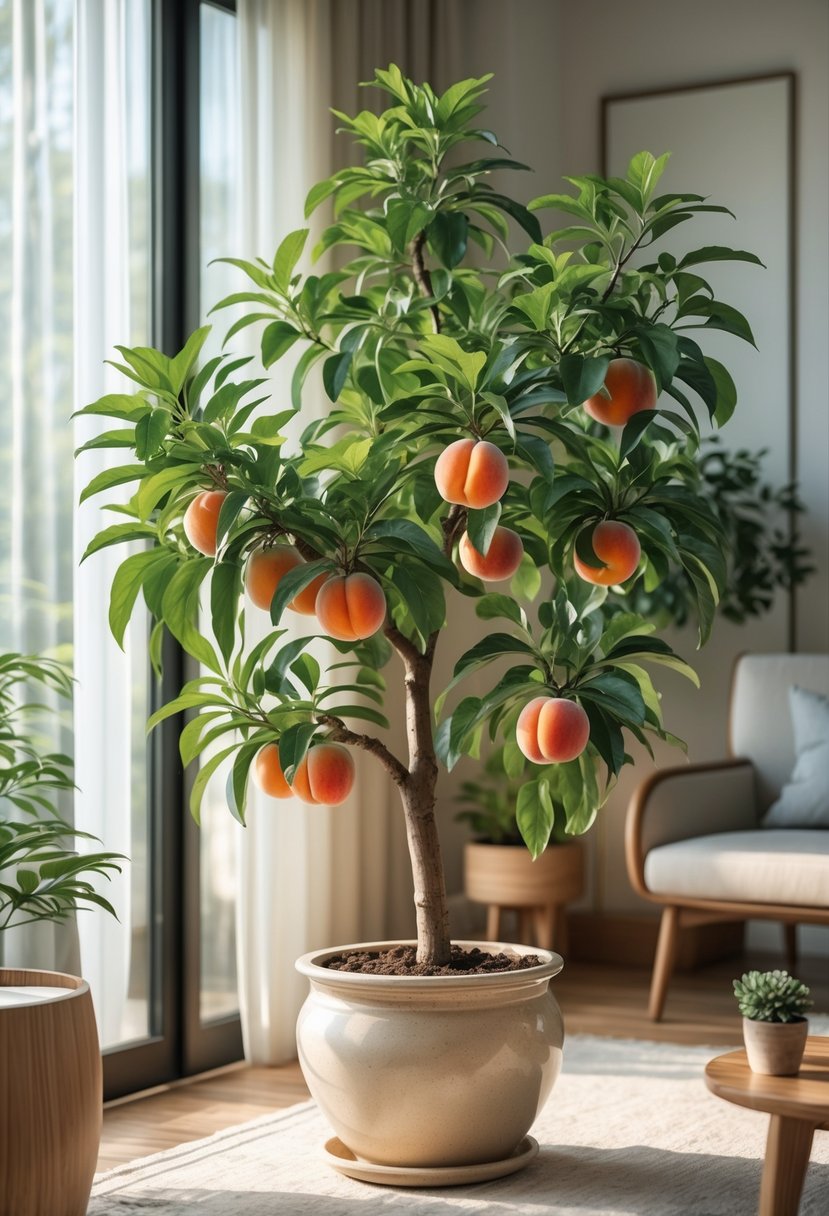 An indoor peach tree with ripe peaches growing in a pot by a sunlit window inside a living room.