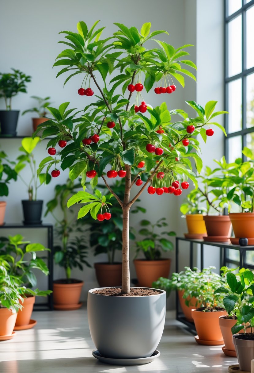 A healthy sour cherry tree with red cherries growing indoors among other indoor fruit plants in a bright room.