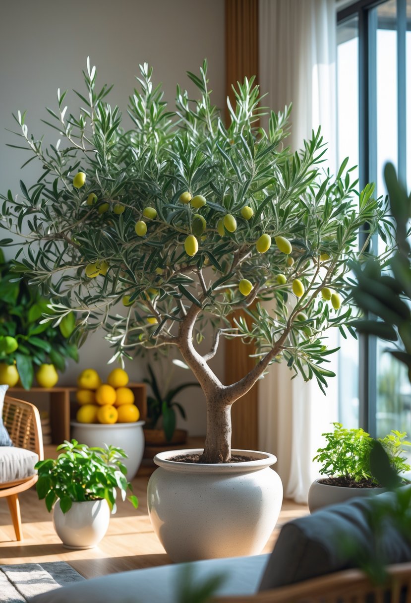 Indoor olive tree with small olives growing, surrounded by other fruit plants in a bright living room.