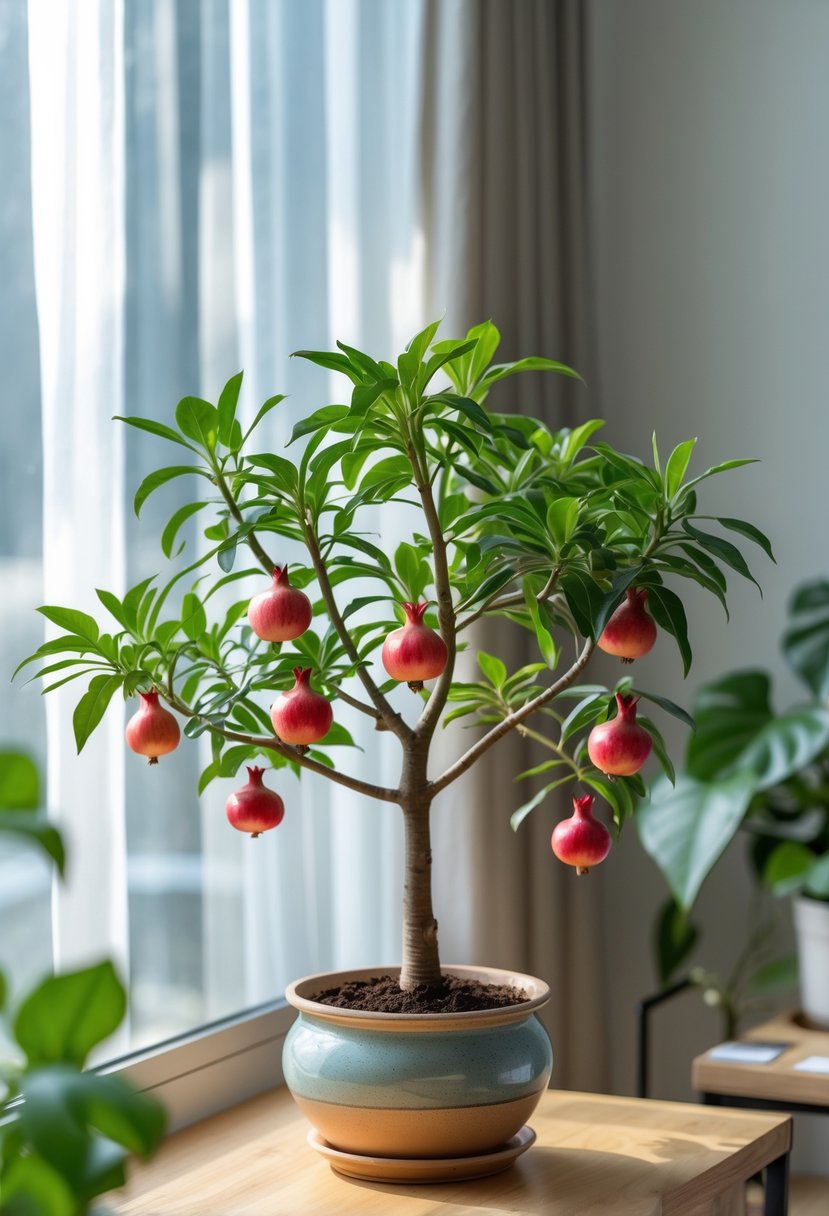 A dwarf pomegranate plant with green leaves and small orange-red fruits in a ceramic pot on a wooden table near a window inside a bright room.