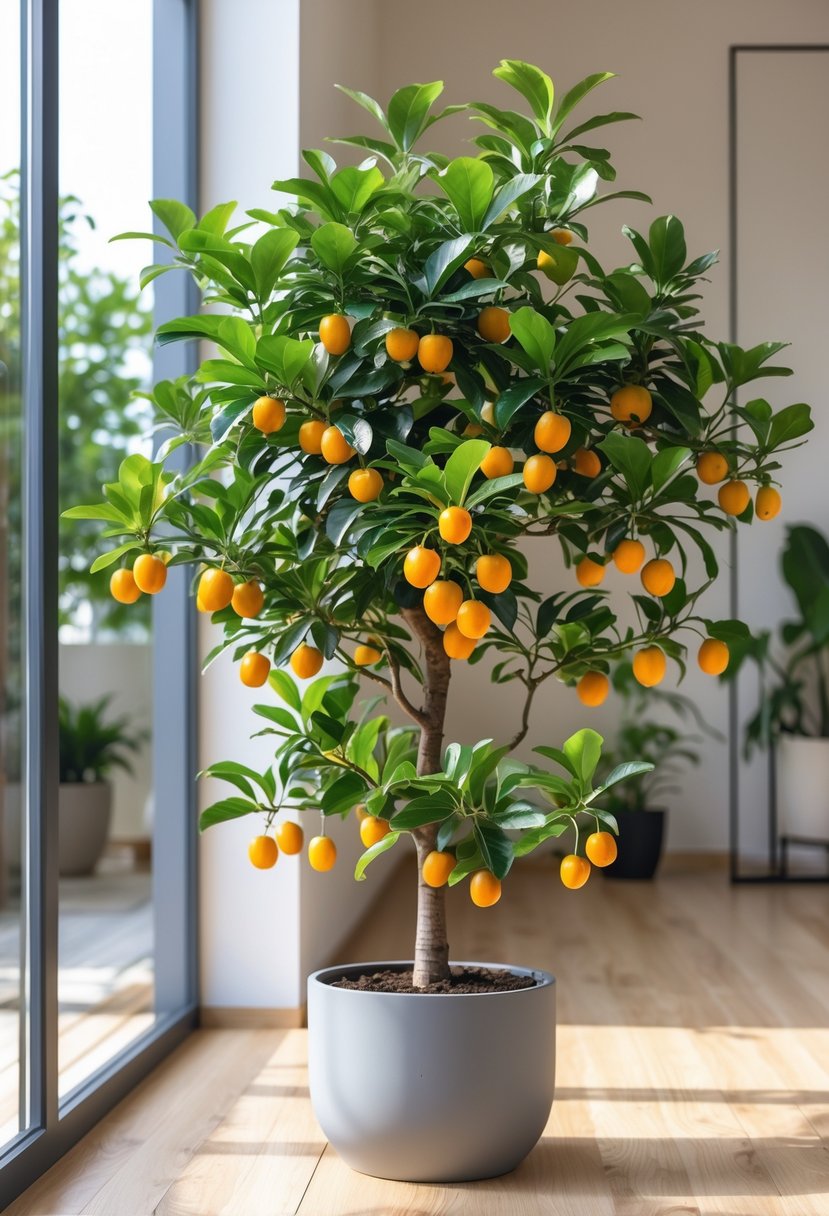 A healthy kumquat tree with orange fruits growing indoors near a window in a modern room.