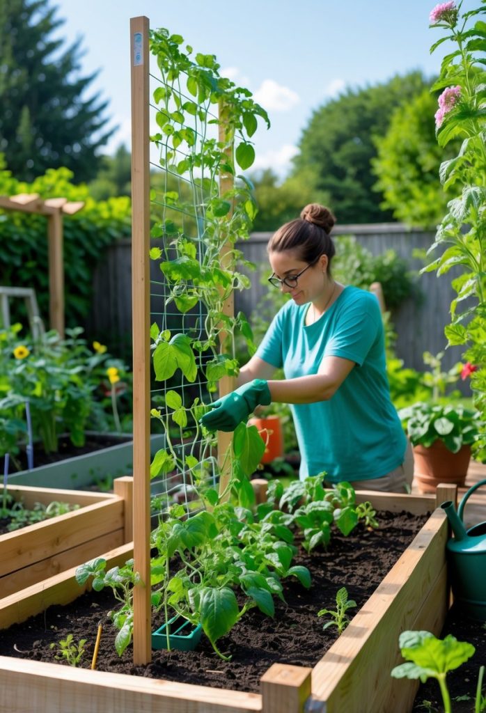 Person working on vertical gardening with climbing plants in wooden raised garden beds outdoors.