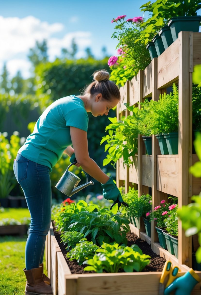Person tending to a raised bed vertical garden with green plants and flowers outdoors in a sunny garden.
