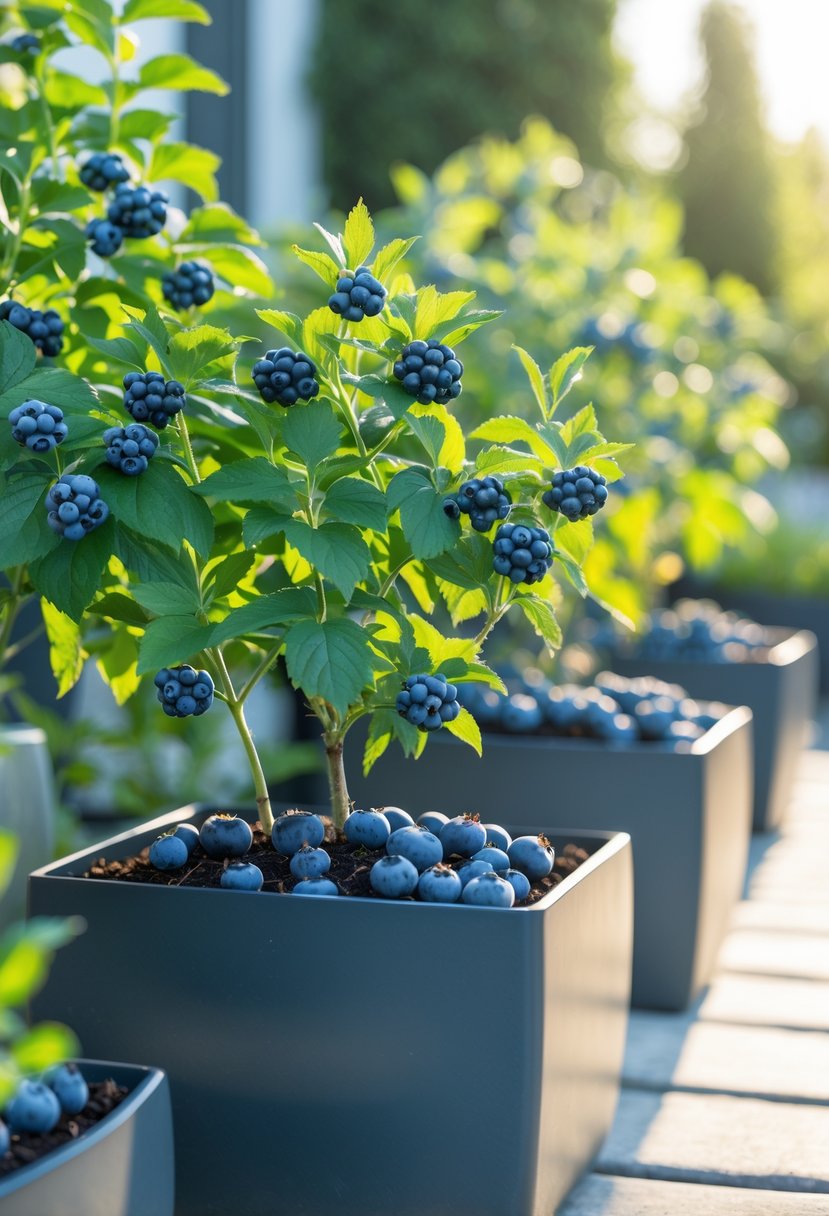 Blueberry plants with ripe berries growing in containers on a sunny patio.