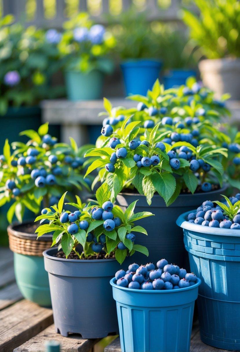 Various blueberry plants with ripe berries growing in different containers on a wooden deck with a garden background.