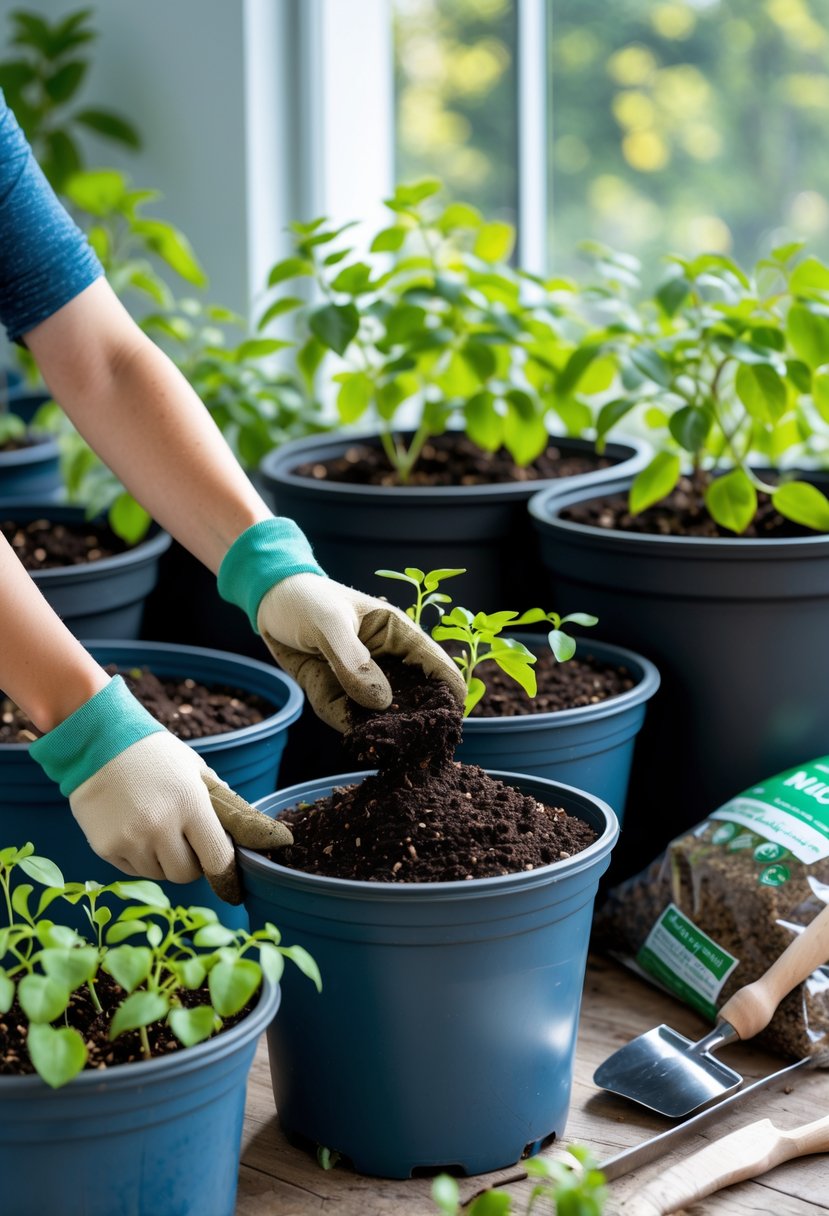 Hands preparing soil in containers for growing blueberry plants indoors with gardening tools and seedlings nearby.