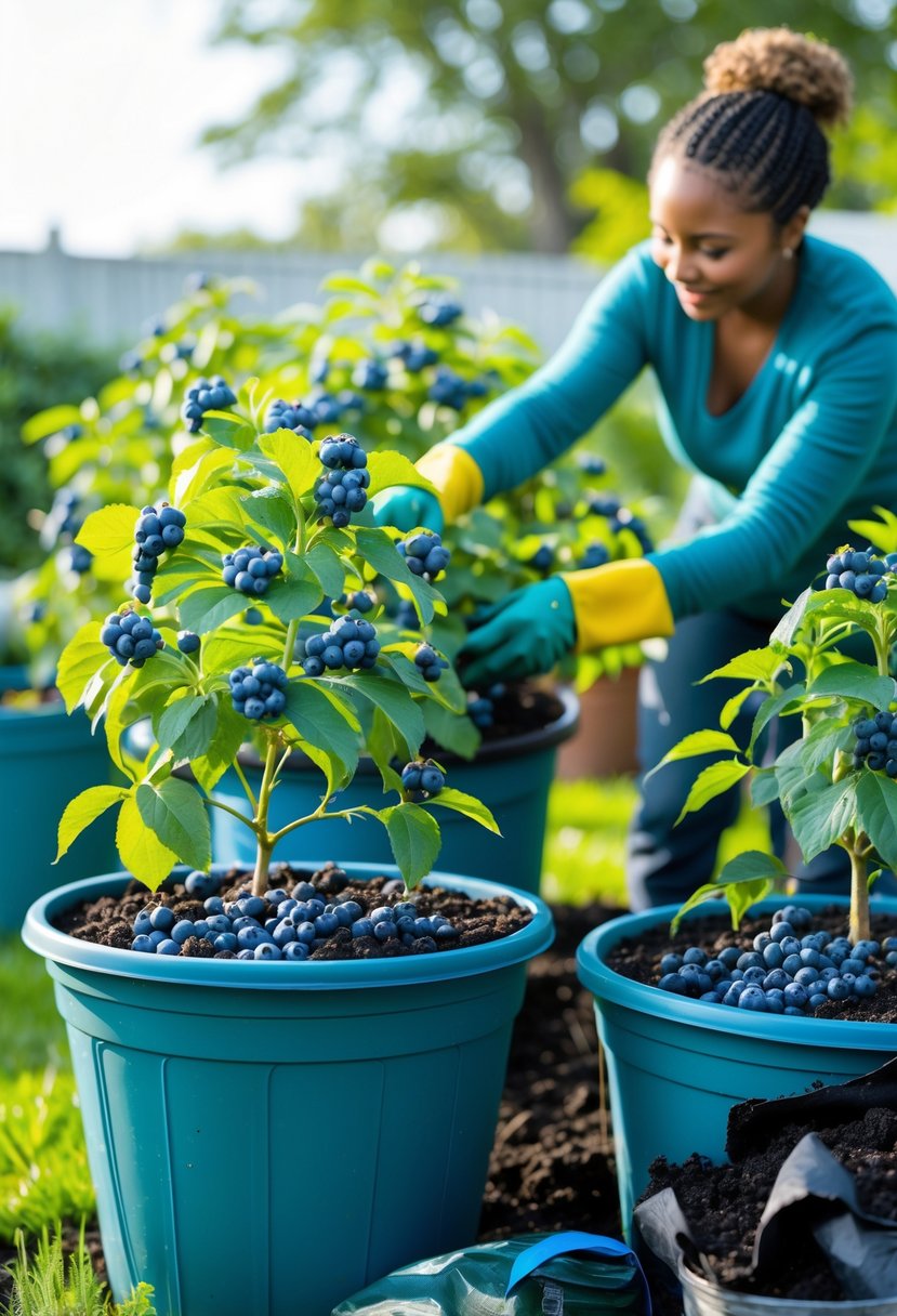 Person planting and caring for blueberry plants growing in containers outdoors.