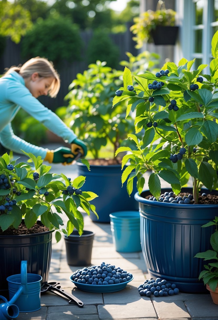 Person harvesting ripe blueberries from container plants on a sunny patio with gardening tools nearby.