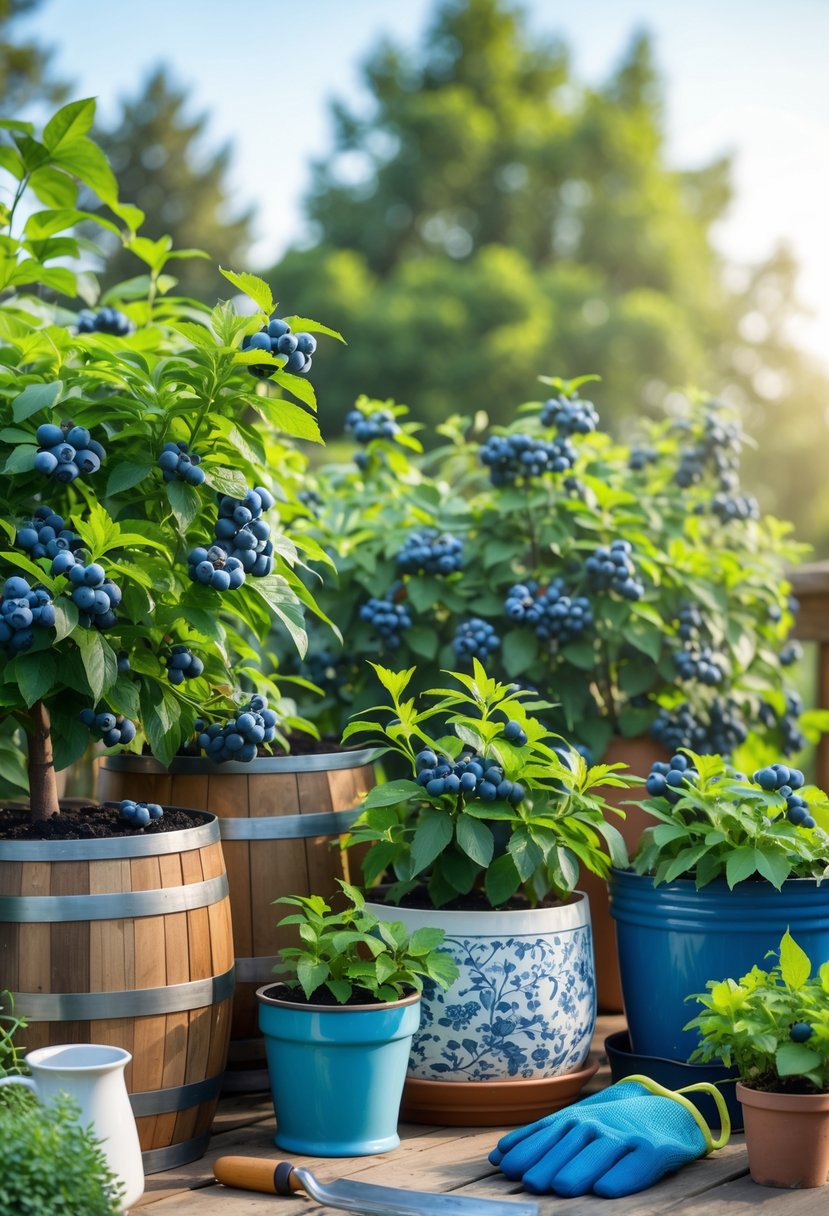 Blueberry plants growing in various containers on a wooden deck with ripe blueberries and gardening tools nearby.