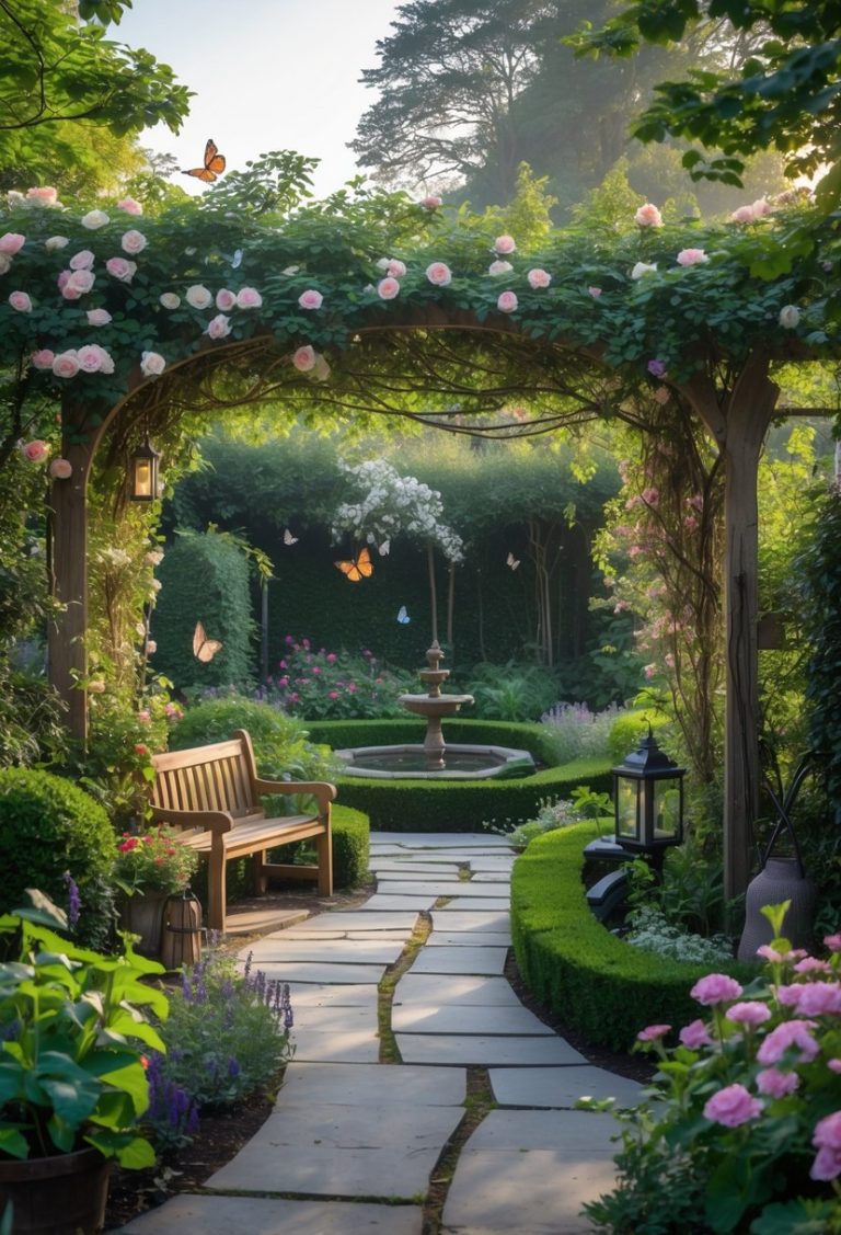 A peaceful garden with flowering plants, a wooden bench under a flowering arbor, stone pathways, and a small water fountain surrounded by trees and greenery.