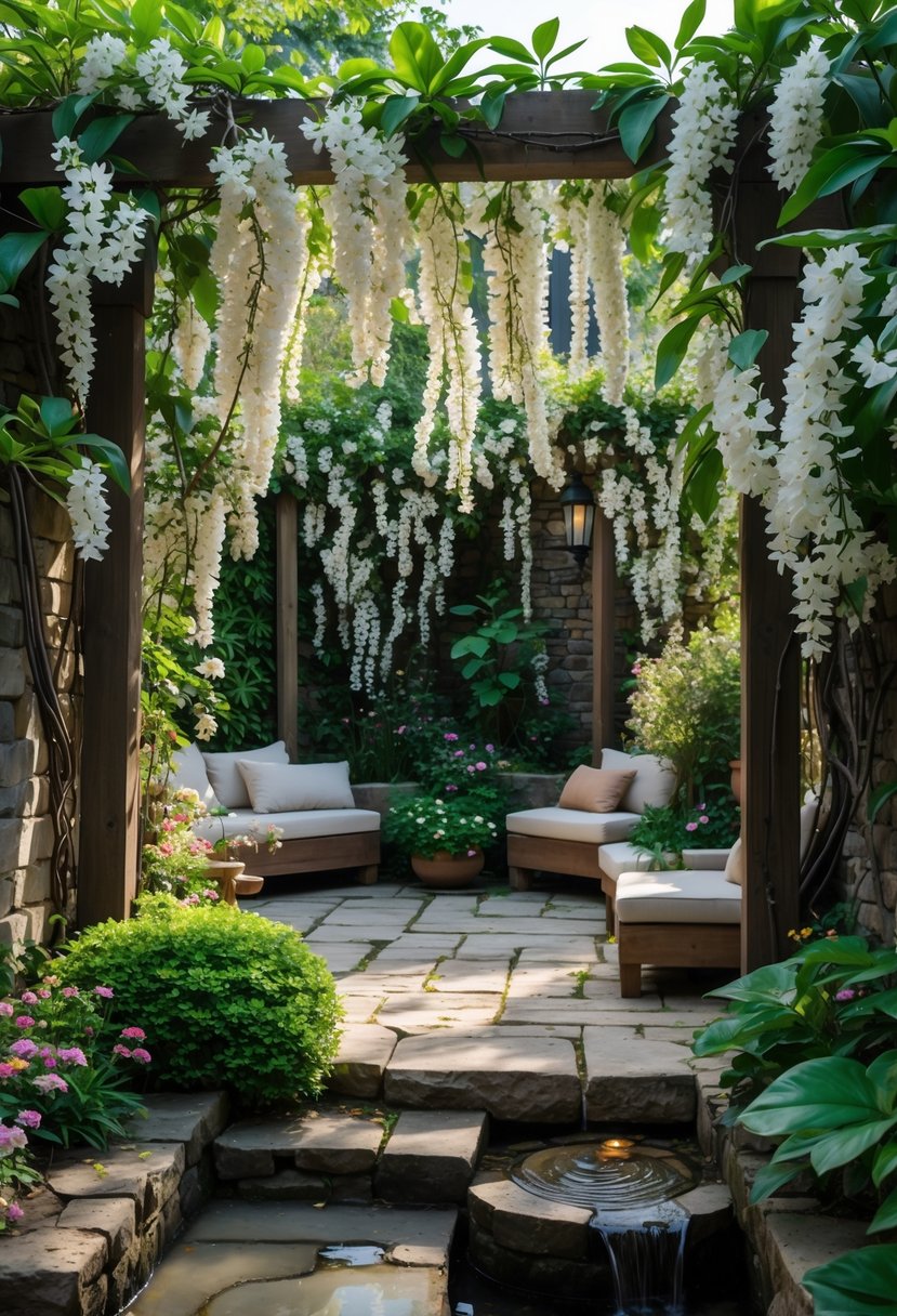 A peaceful garden with blooming jasmine vines climbing over wooden trellises, surrounded by colorful flowers, cozy seating, and a small water feature.