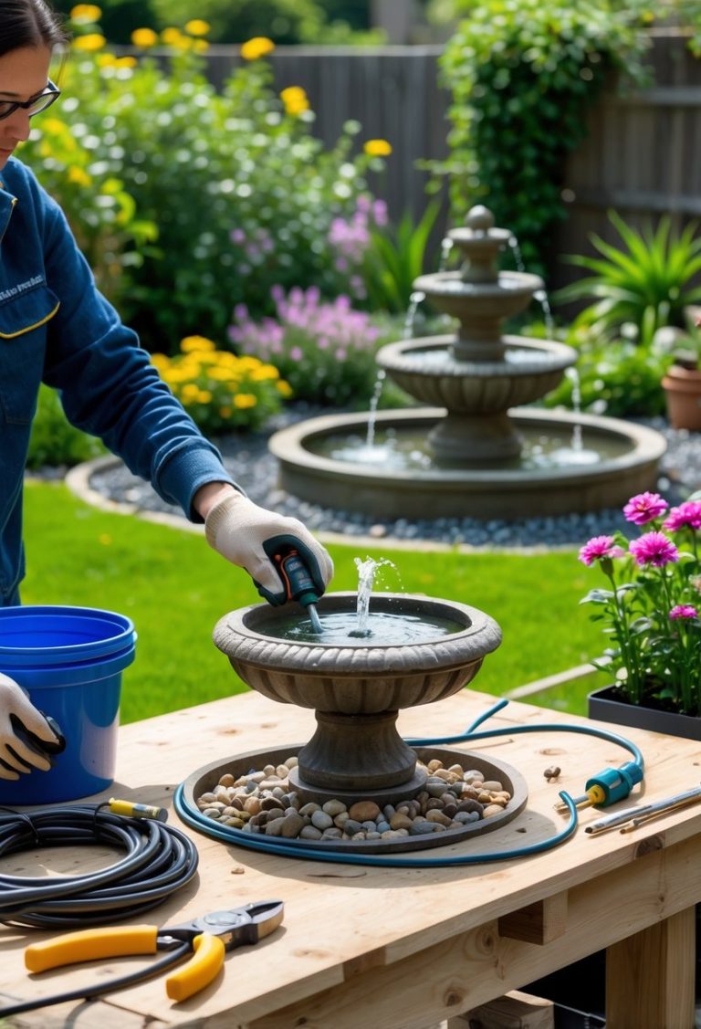 A person assembling a small garden fountain outdoors with tools and water flowing into a stone basin surrounded by plants.