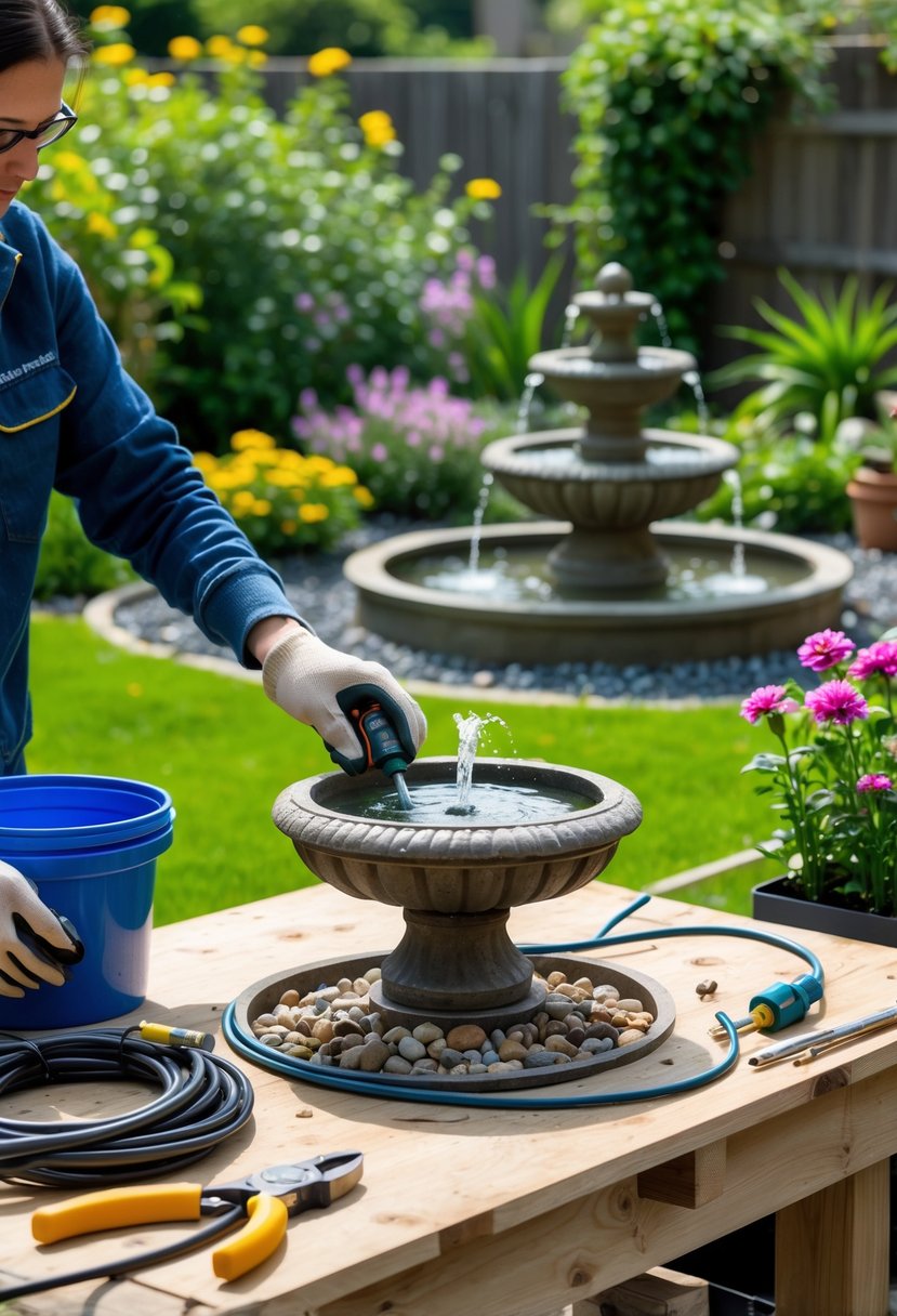 A person assembling a small garden fountain outdoors with tools and water flowing into a stone basin surrounded by plants.
