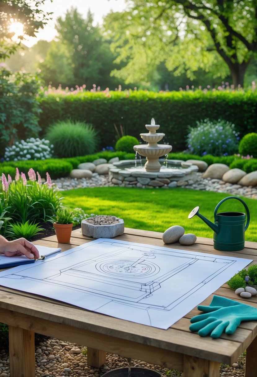 Person sketching garden fountain plans on a table outdoors surrounded by gardening tools and natural materials in a green garden.