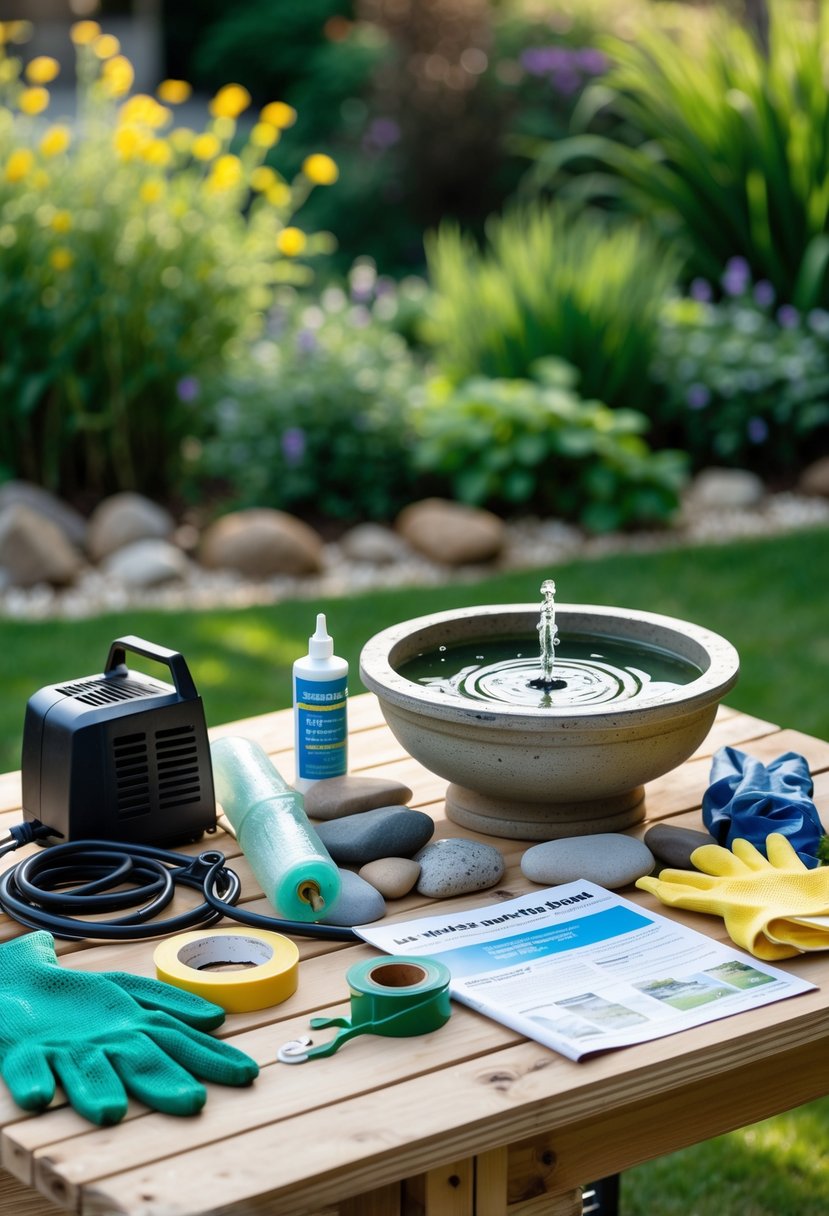 A workbench outdoors displaying tools and materials needed to make a garden fountain, including a water pump, tubing, stones, sealant, and a basin.