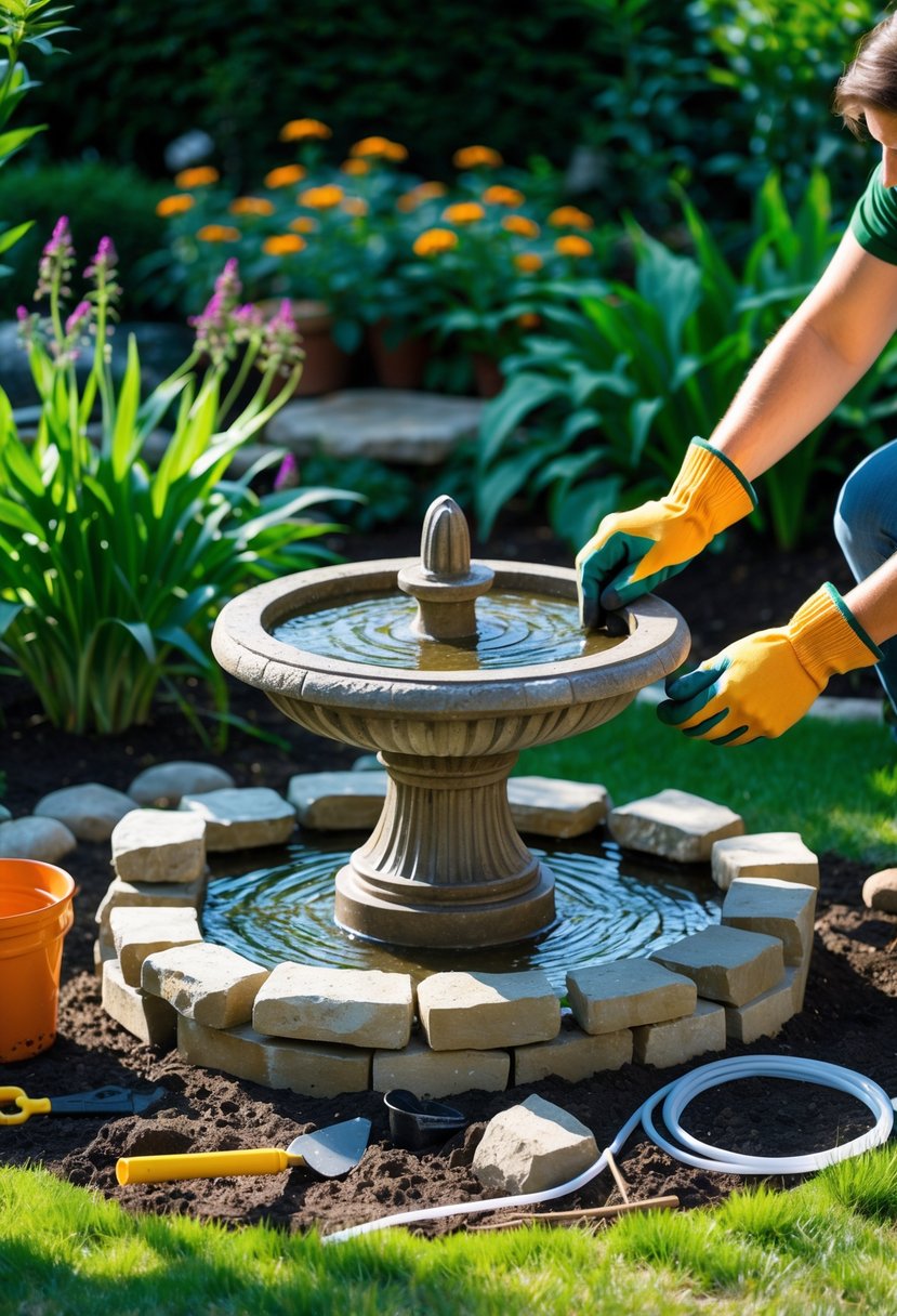 Hands assembling a stone garden fountain outdoors surrounded by gardening tools and green plants.