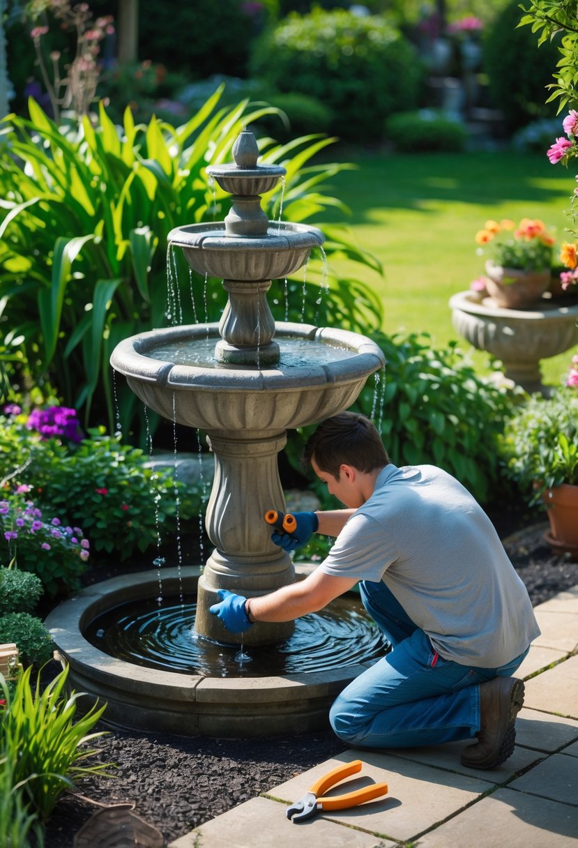 A person inspecting a garden fountain with tools in a lush garden surrounded by plants and flowers.
