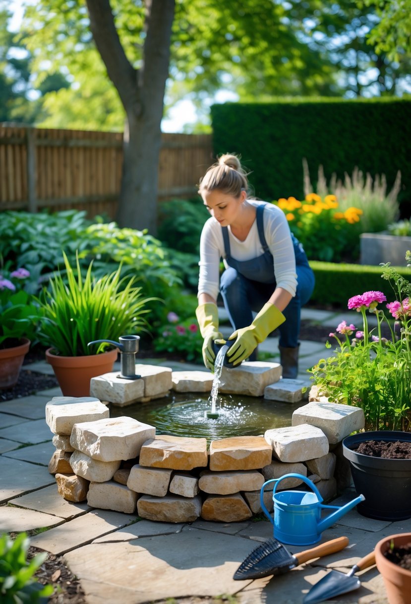 A person assembling a garden fountain surrounded by plants, flowers, and gardening tools in a backyard garden.