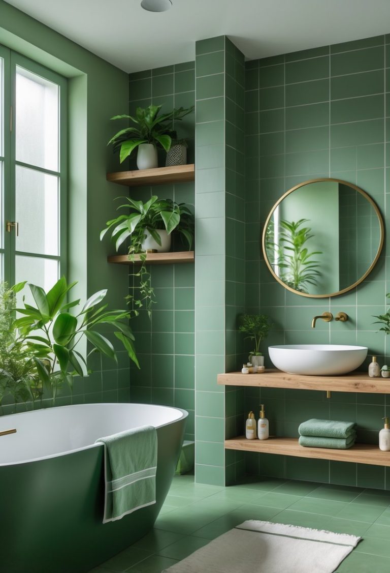 A modern bathroom with green tiles, a freestanding bathtub, plants, and a vanity with a round mirror.