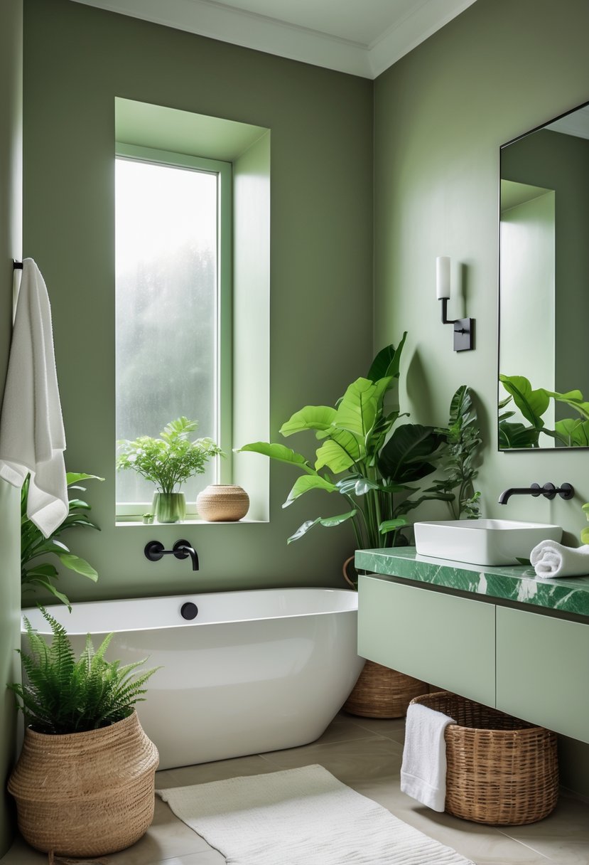 A modern bathroom with green walls, a white bathtub, plants, and natural wood accents.