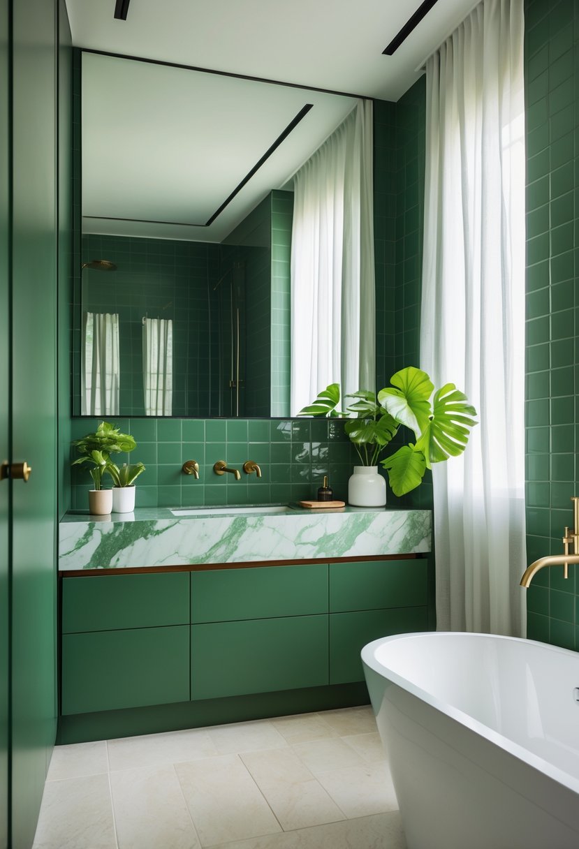 A modern bathroom with green tiled walls, green cabinets, a white marble countertop, potted plants, and a white freestanding bathtub near a window.