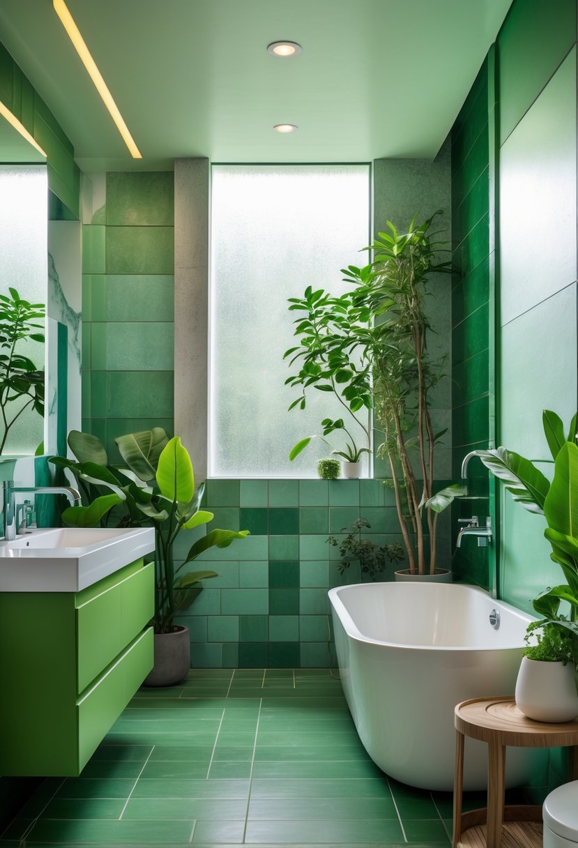 A modern bathroom with green tiles, a green vanity, plants, and natural light from a window.