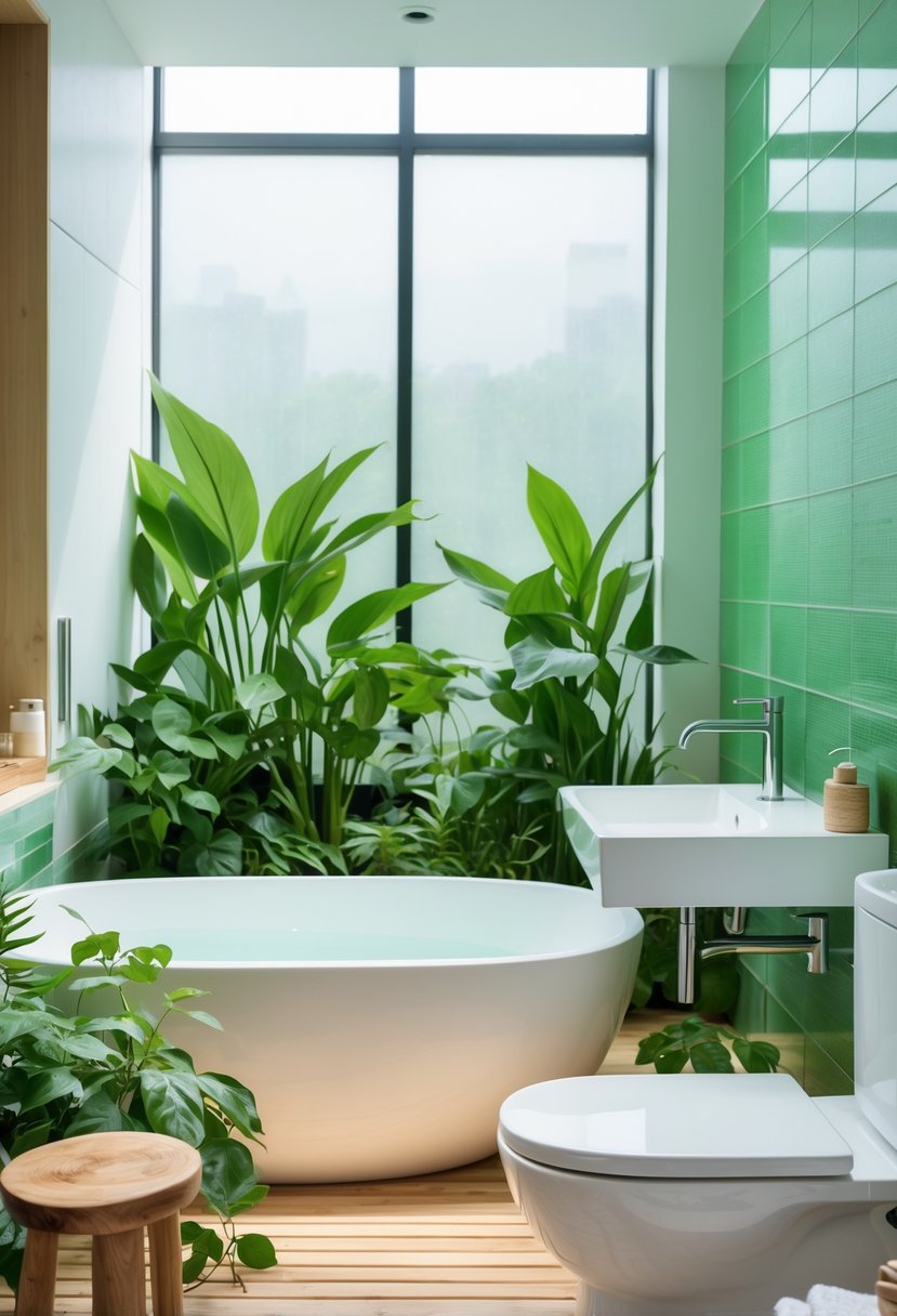 A modern bathroom with green plants, natural light, wooden accents, and eco-friendly fixtures.