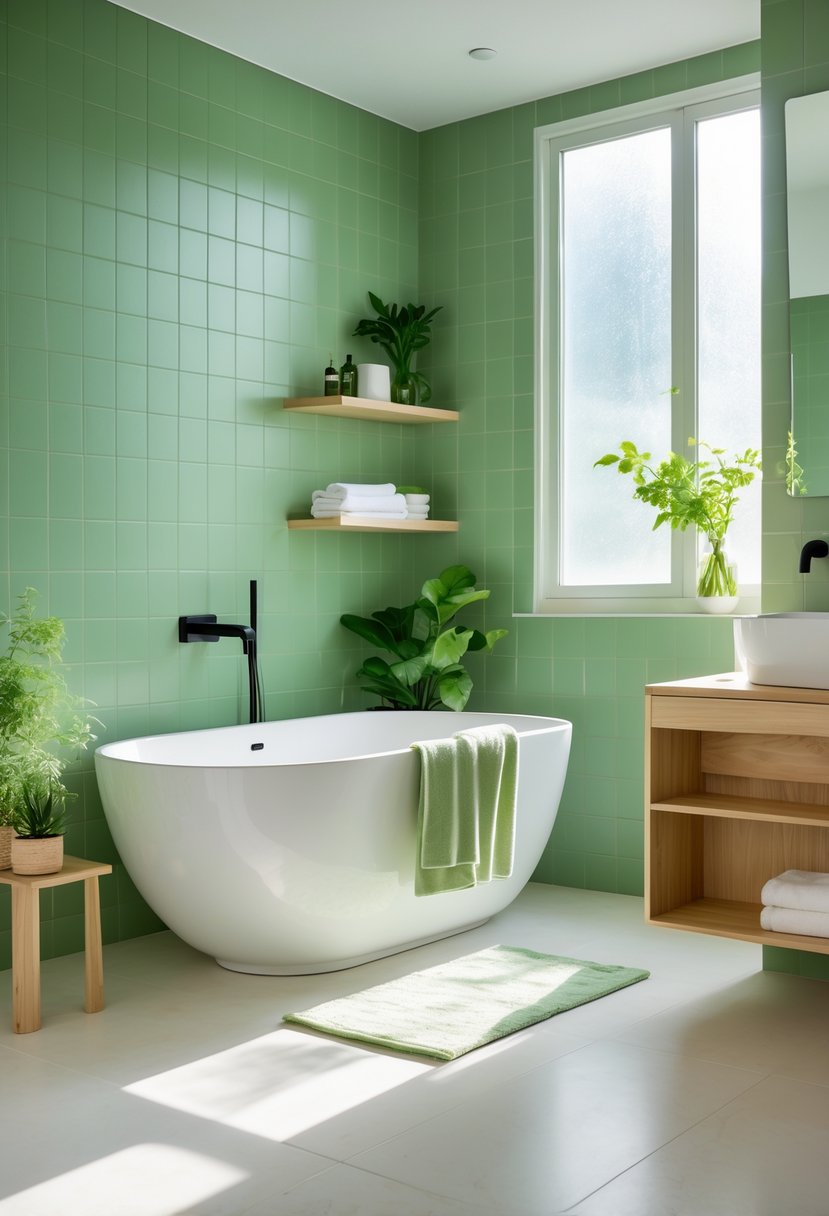 A modern bathroom with green tiles, a white bathtub, wooden shelves, plants, and natural light.
