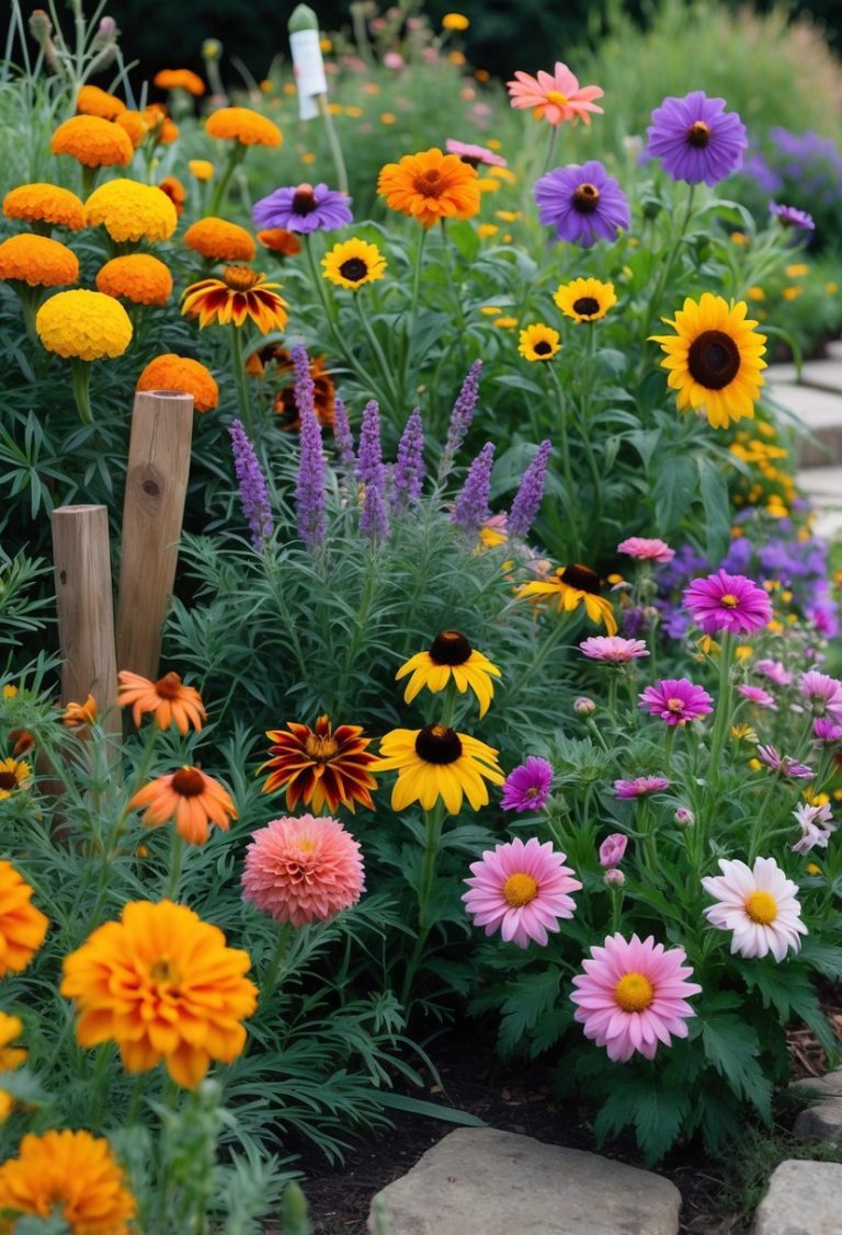 A colorful garden filled with a variety of blooming flowers including marigolds, sunflowers, coneflowers, and daisies, surrounded by green foliage.