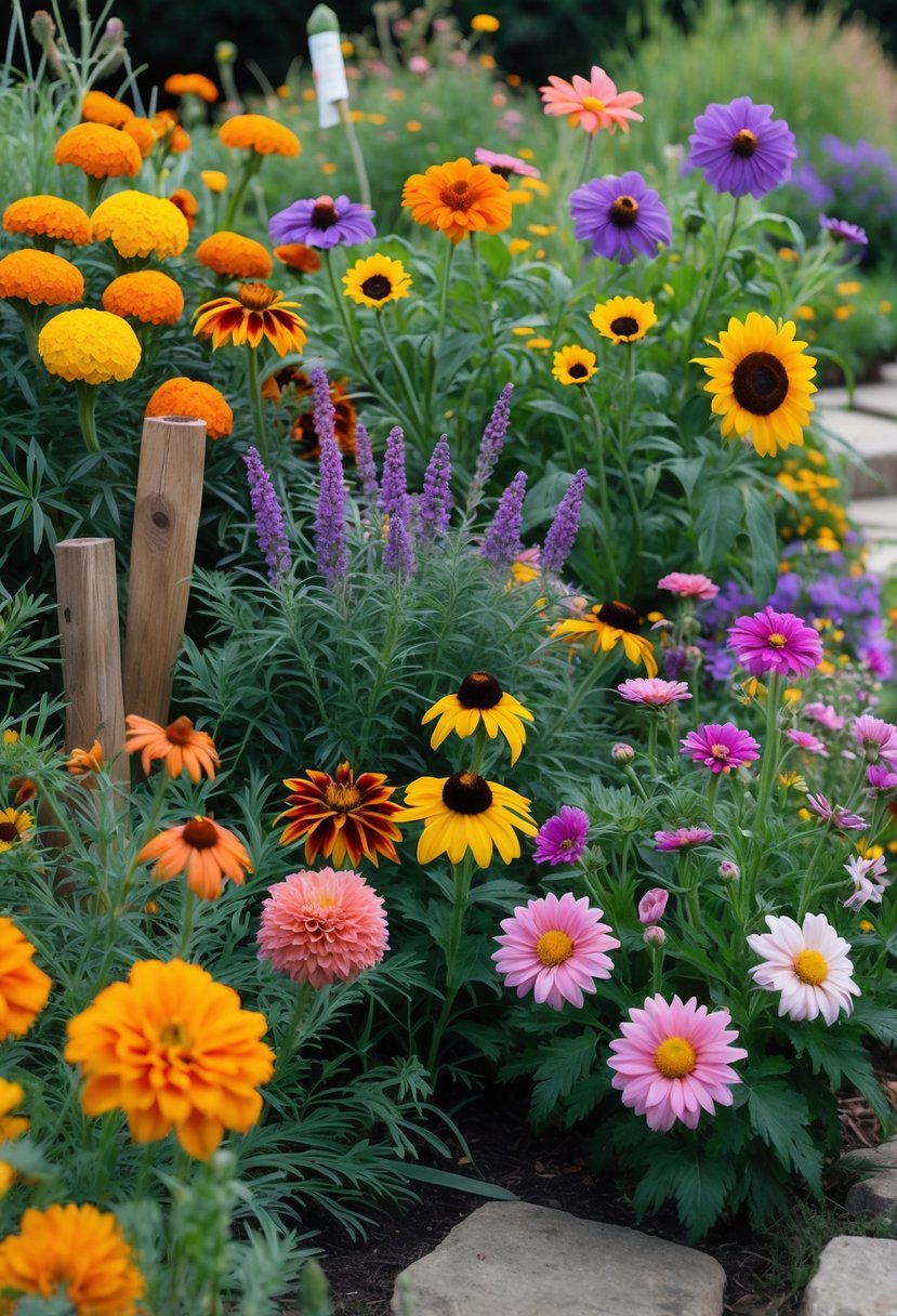 A colorful garden filled with a variety of blooming flowers including marigolds, sunflowers, coneflowers, and daisies, surrounded by green foliage.
