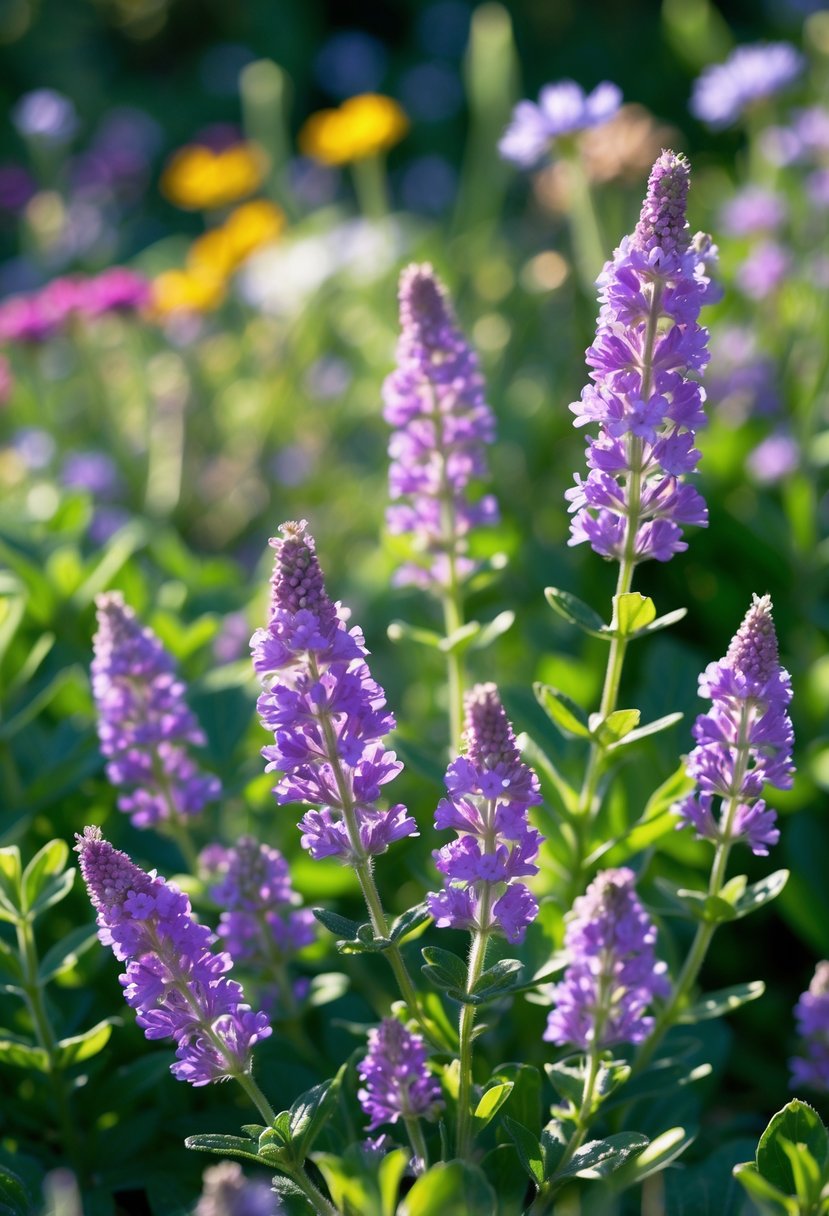 Close-up of purple and pink verbena flowers surrounded by green leaves and other colorful wildflowers in a garden.