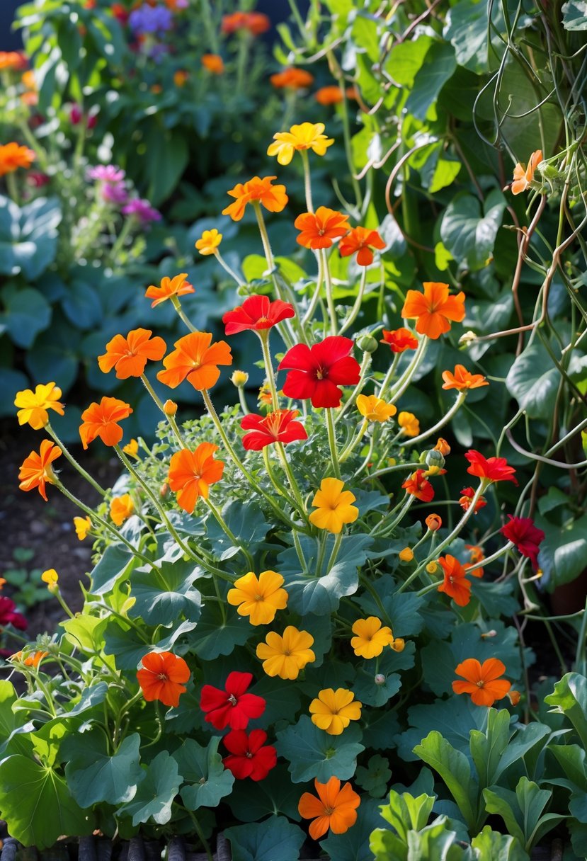A colorful garden with blooming nasturtium flowers in orange, red, and yellow among green leaves under sunlight.