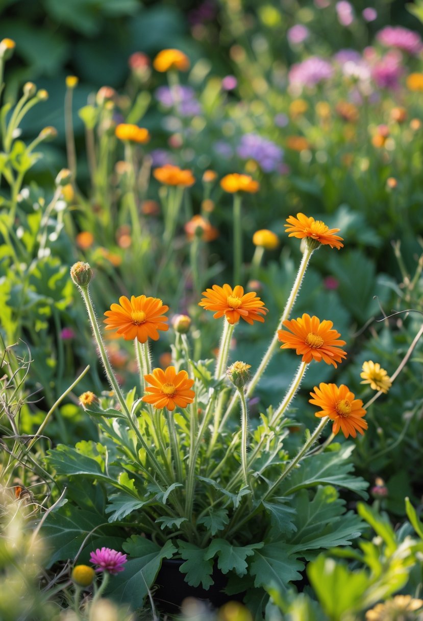 Close-up of bright orange and yellow calendula flowers growing among various wildflowers and green plants in a lush garden.