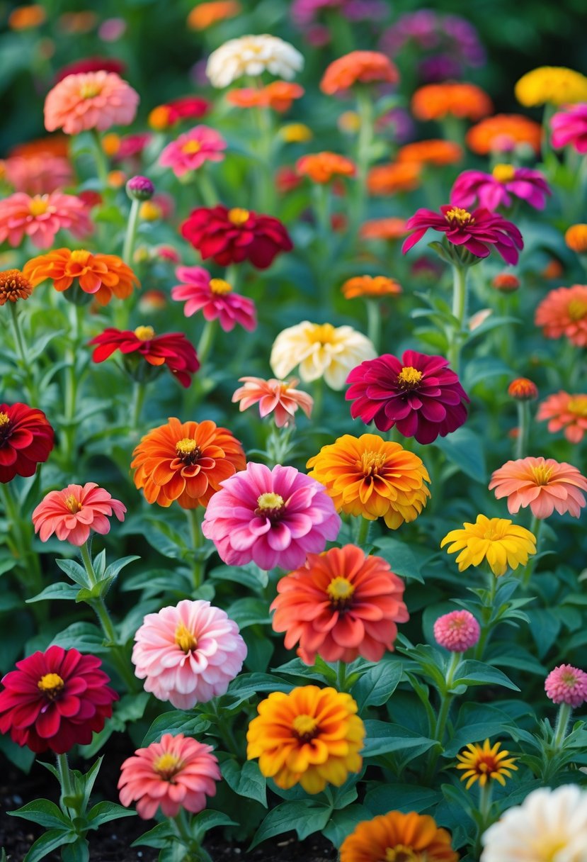 Close-up of colorful Zinnia flowers blooming densely in a vibrant garden with green leaves.