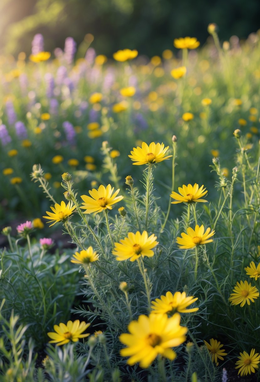 Close-up view of bright yellow Coreopsis flowers blooming in a lush wildflower garden with green leaves and other colorful flowers in the background.