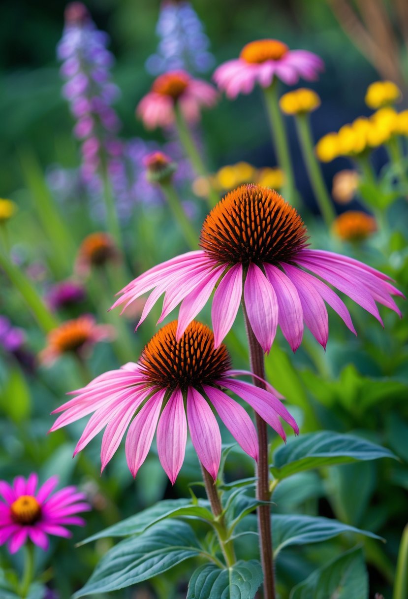 Close-up of a blooming pinkish-purple coneflower with a spiky orange-brown center surrounded by green leaves and other garden plants.