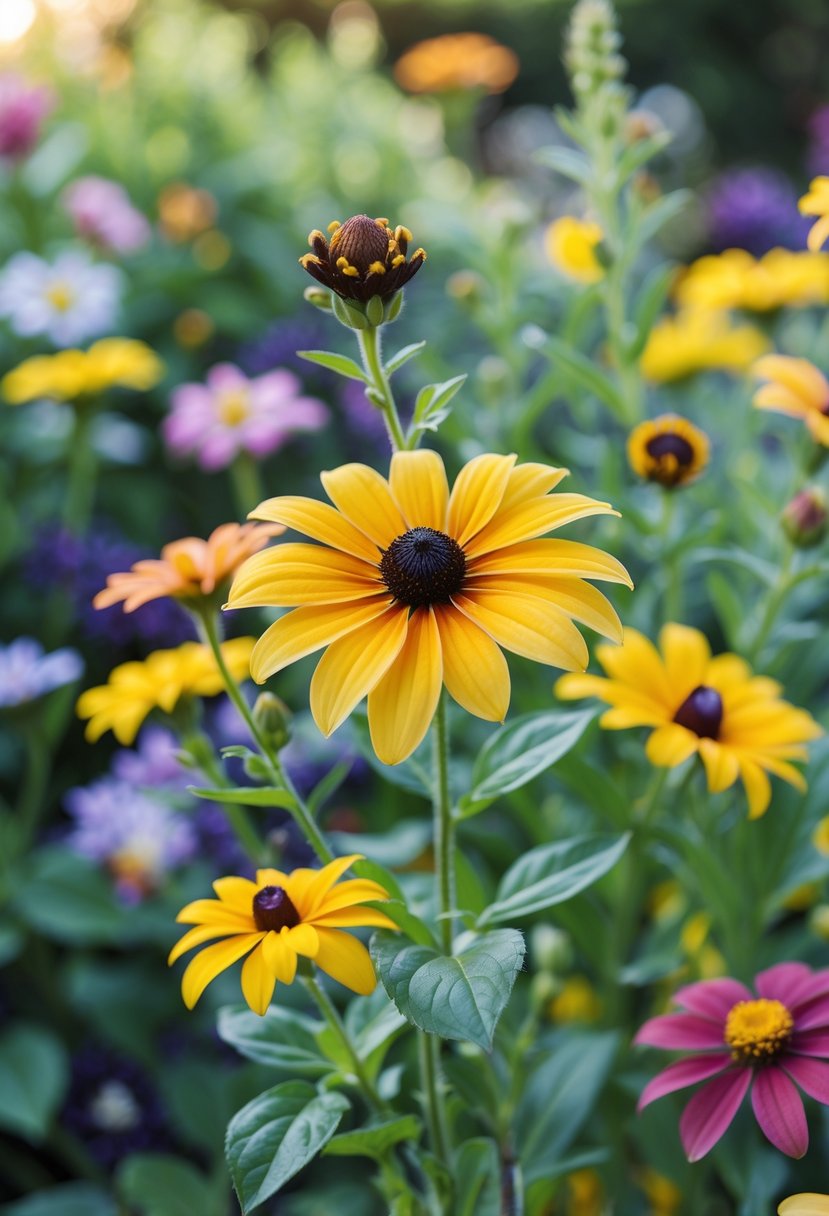Close-up of a bright yellow Black-eyed Susan flower with a dark center surrounded by green leaves and other colorful flowers in a garden.