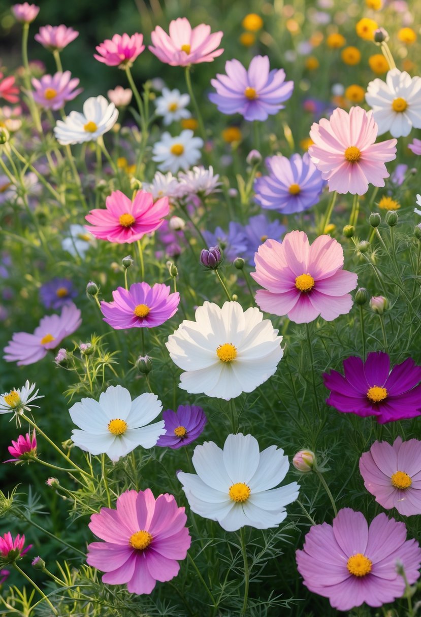 A close-up view of blooming cosmos flowers in various shades of pink, white, and purple growing densely in a wild garden.