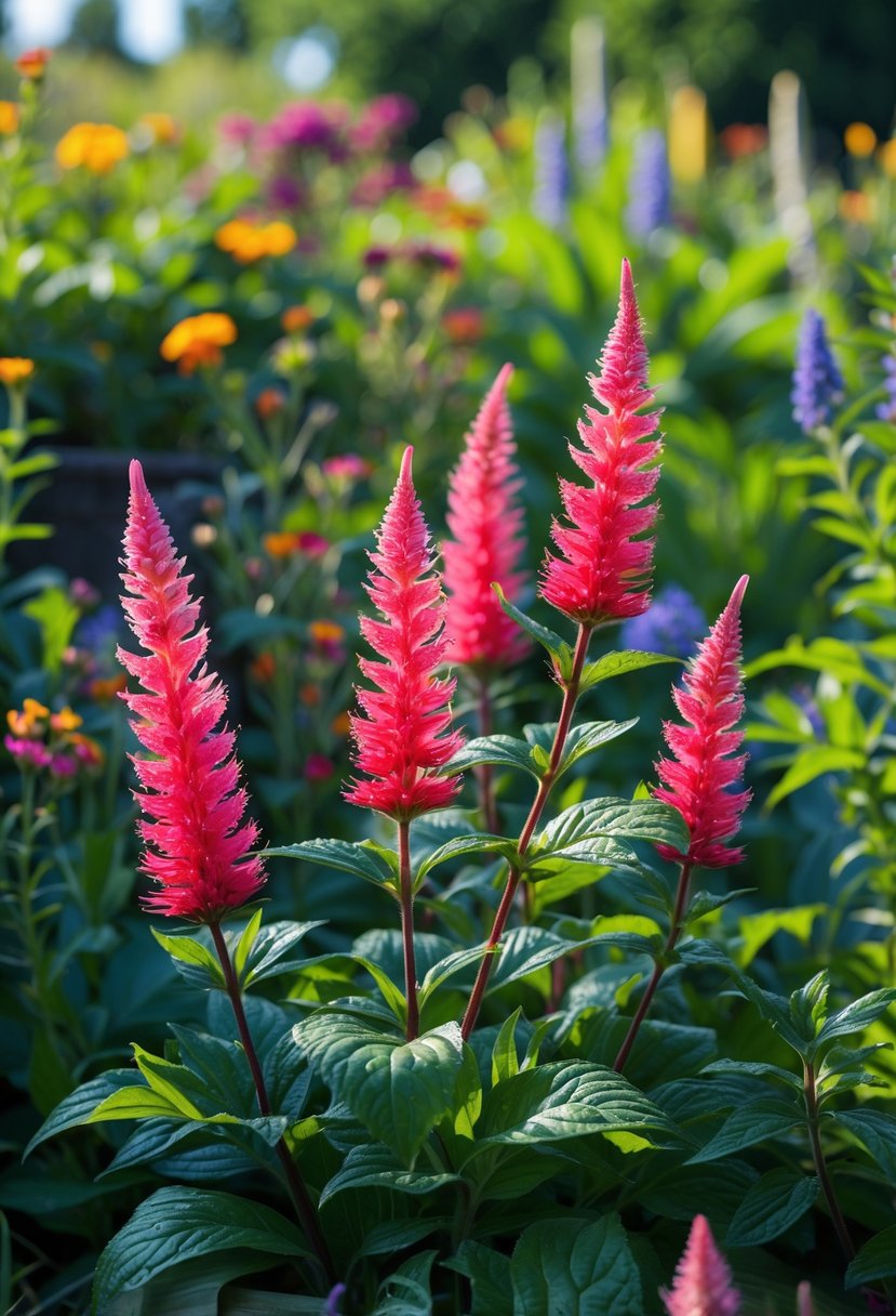 Bright red and pink Bee Balm flowers blooming in a lush garden with green leaves and other colorful plants in the background.