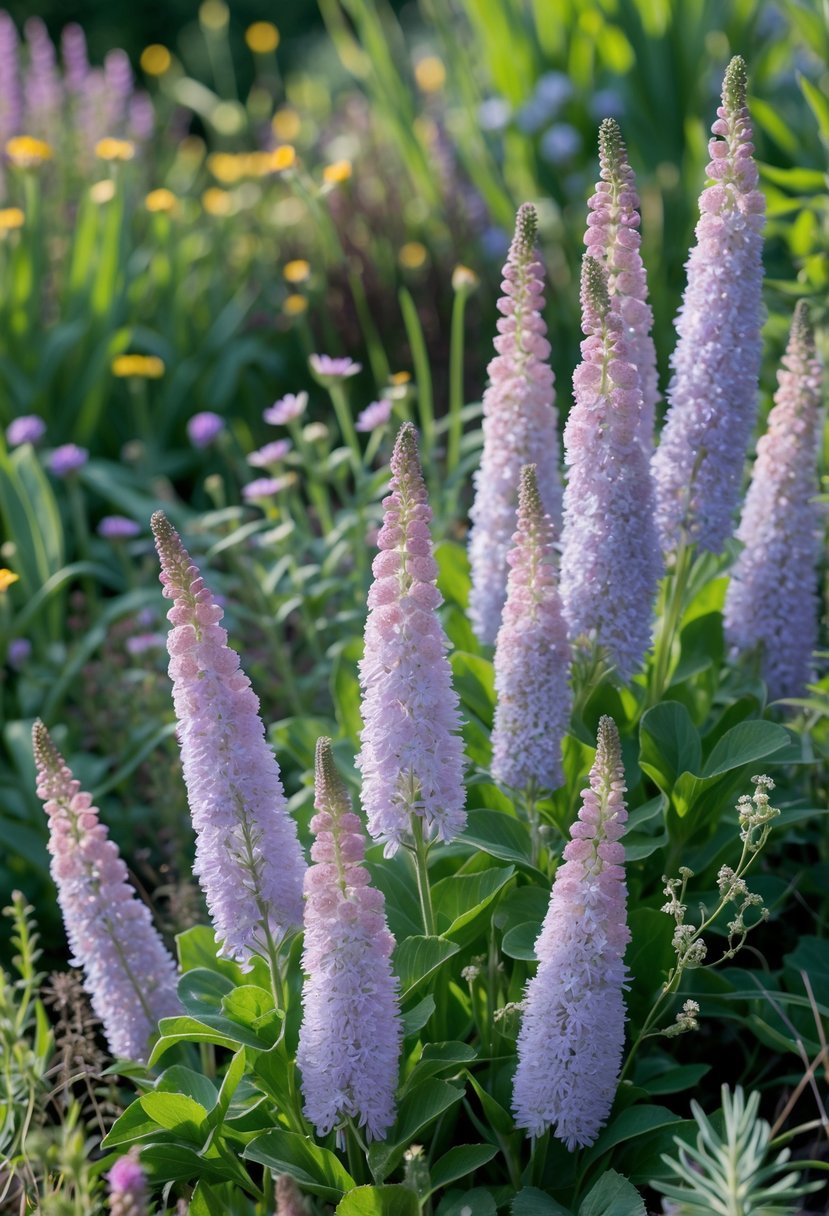 Close-up of wild bergamot flowers blooming in a lush, diverse garden with green leaves and other wildflowers.