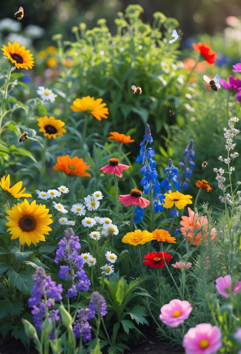 A colorful garden with ten different types of blooming flowers growing closely together, surrounded by green leaves and small pollinators like bees and butterflies.